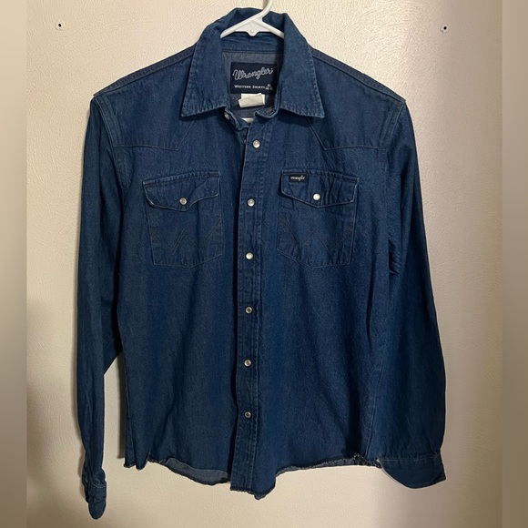 WRANGLER Vintage Pearl Snap Raw Hem Button Down Western Denim Shirt Men's Sz XL - Picture 1 of 5